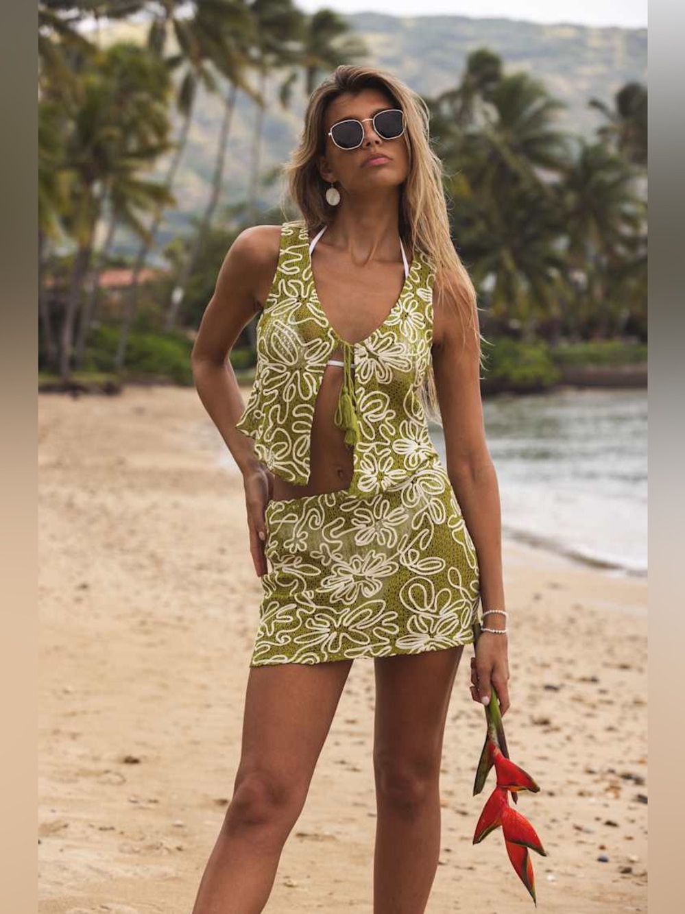 Lulus Marelia Green Crochet Embroidered Swim Cover-Up Set Size L NWT